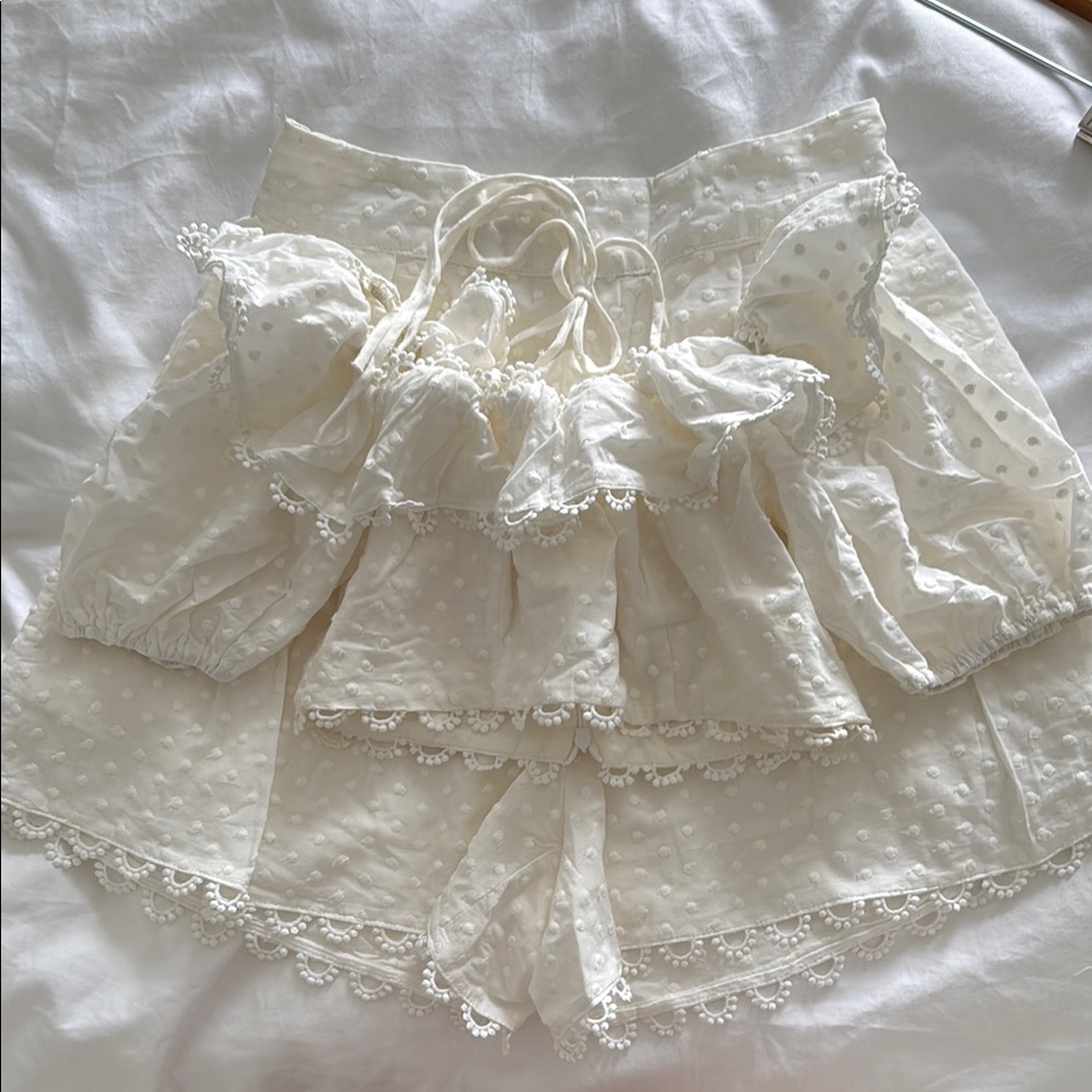 White Lace Trim Blouse and Skirt Set